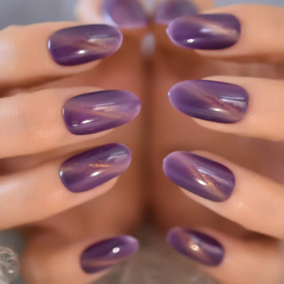 24 Medium Press on Nails kit glue on purple galaxy cat eye magnet grape almond