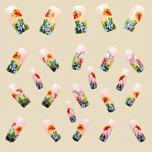 Flowers Press on Nails Short Square Shaped False Nails with Colorful Style 8