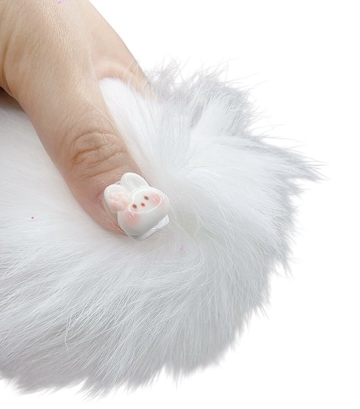 Press On Nails (#073) Pink Rabbit Short with Character Design and White Glitter