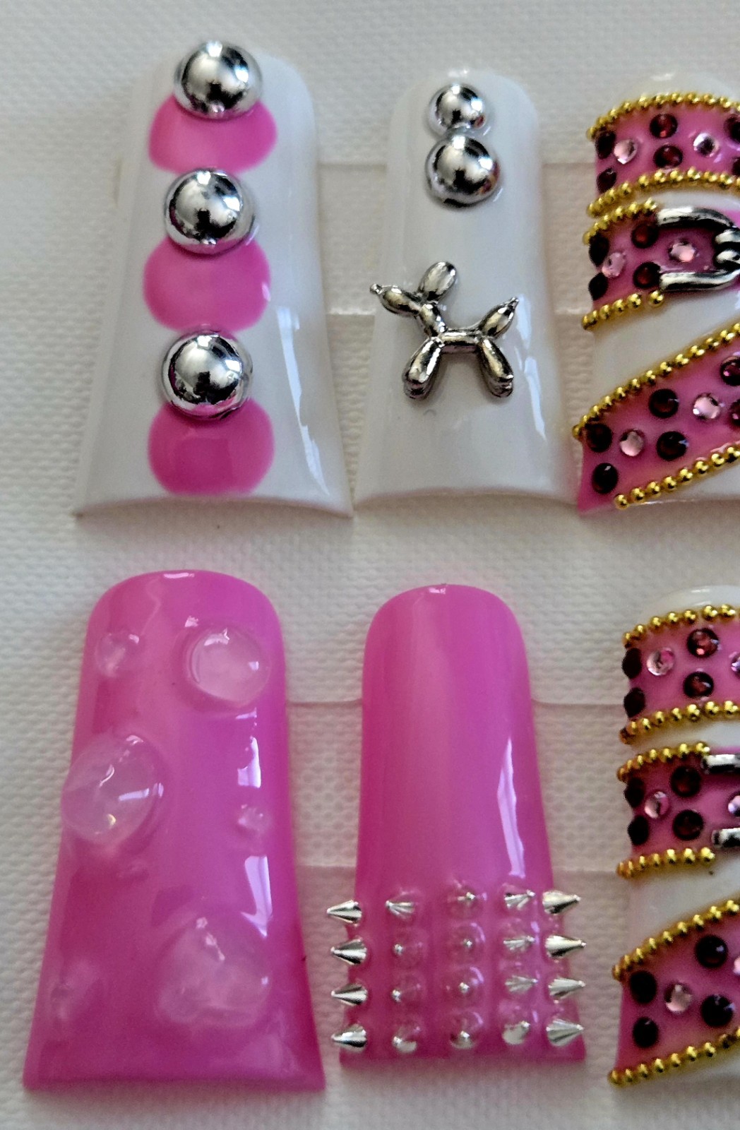 Junk Nails 3D Press On Large Duck Nails Pink Silver Studs Rhinestone Dog Balloon