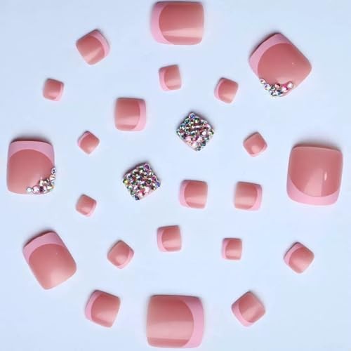 CTTHNBD Press on Toenails – Pink French Tip with Rhinestone Design – Bling