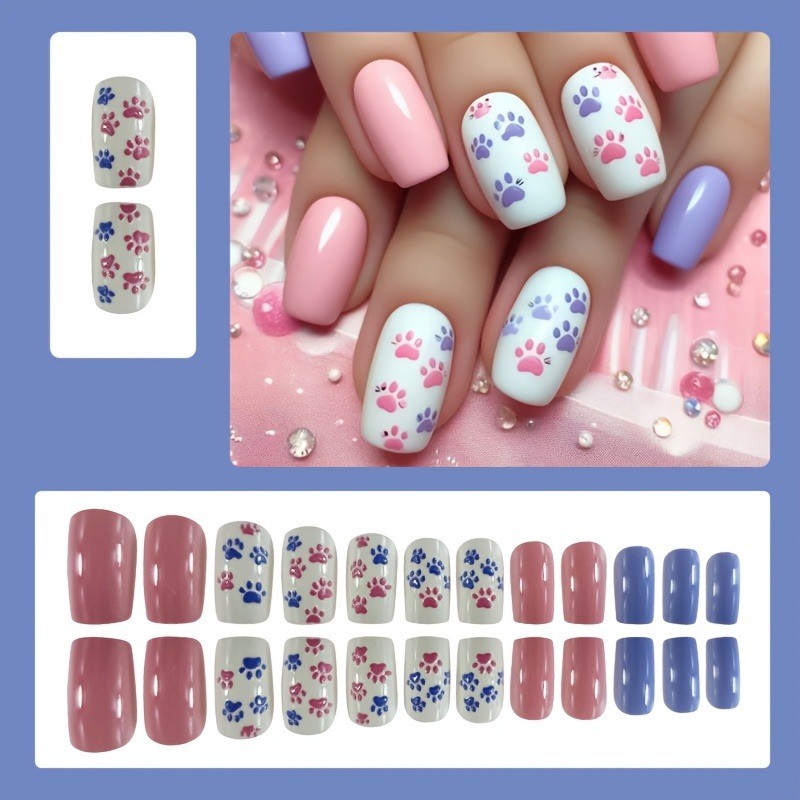 48 Pieces of Nail Gloss Finish, Cute Cat Paw Fake Nail Art in Pink and Purple