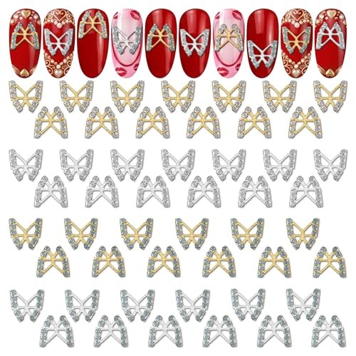 – Silver & Gold Butterfly Nail Charms, Long 50 Pcs Butterfly Charms for Nails