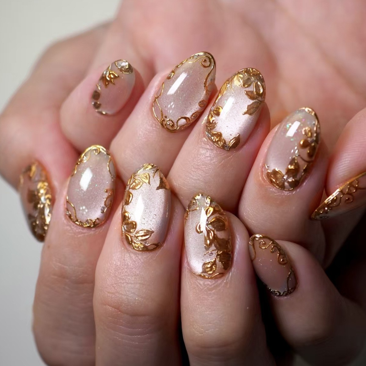 24Pcs Metallic Cat Eye French Press on Nails 3D Almond Medium False Nails