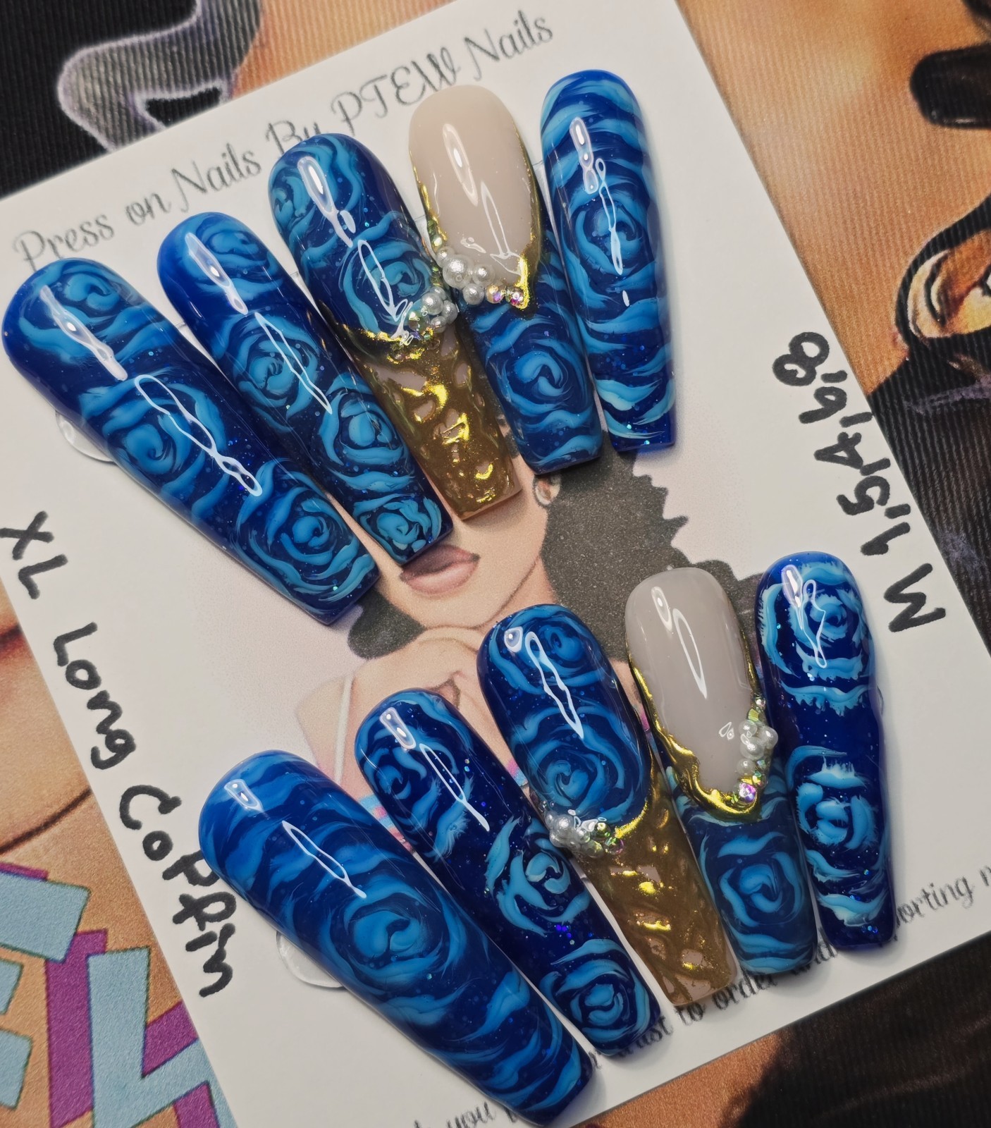 Handmade Gel Press On Nails,V Rose Nails,Medium Size 1,5,4,6,8 XL Long Coffin