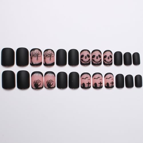 24pc Halloween Press On Nails Square Matte Acrylic Skull Bat French Tip Full Cov