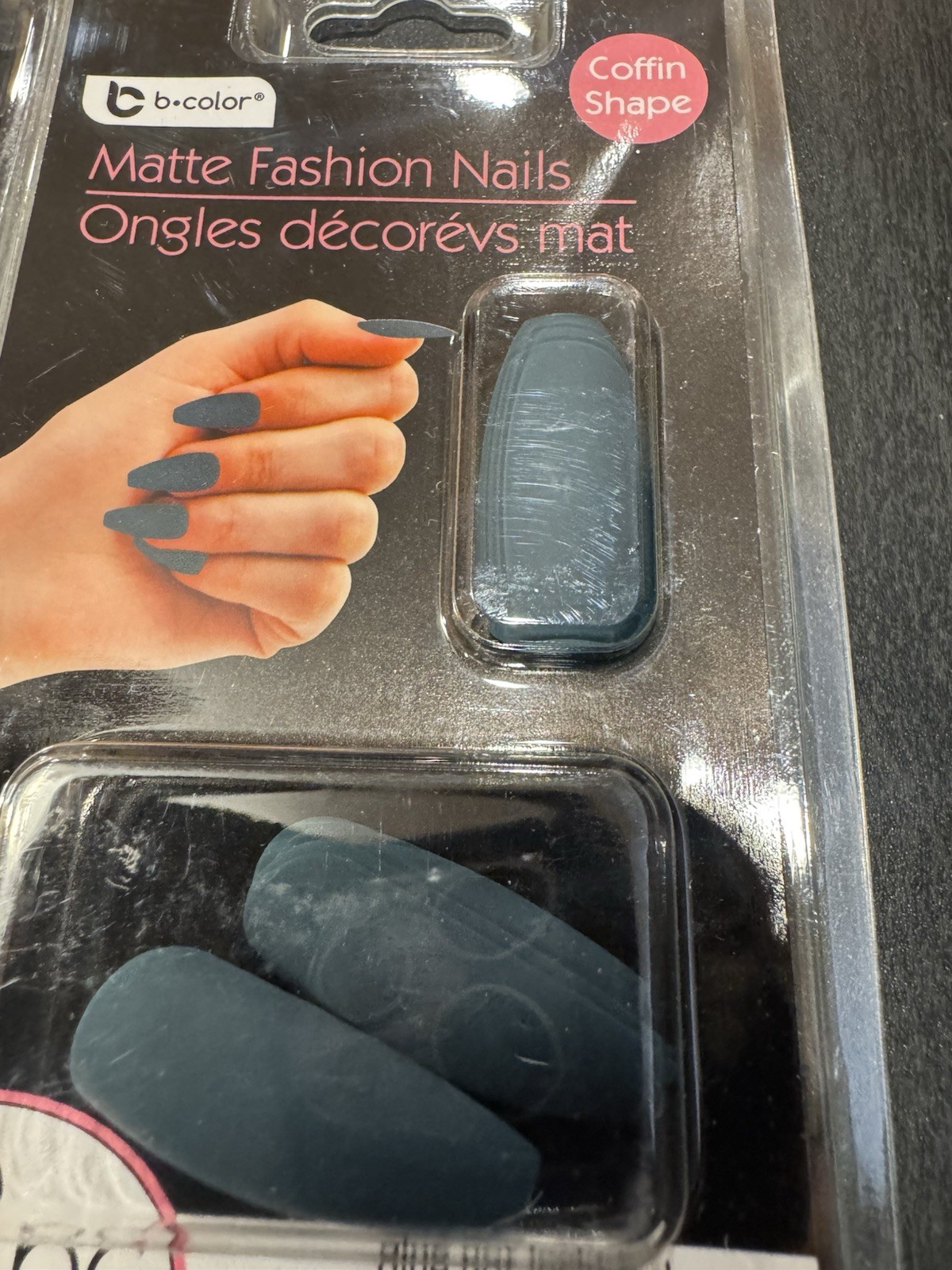 BColor Matte Coffin Shape Fake Nails 12 Pc Black With gray Marble And Dark Green