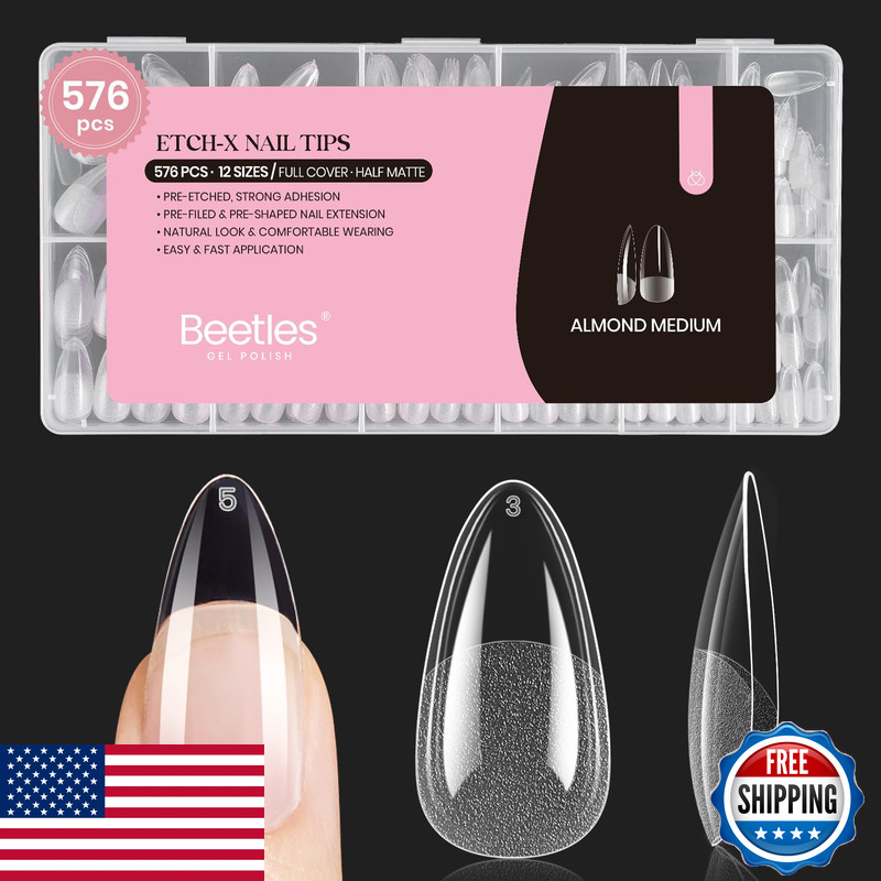 Beetles Gel Polish Beetles Medium Almond Nail Tips 576Pcs 12 Sizes Pre-Etched