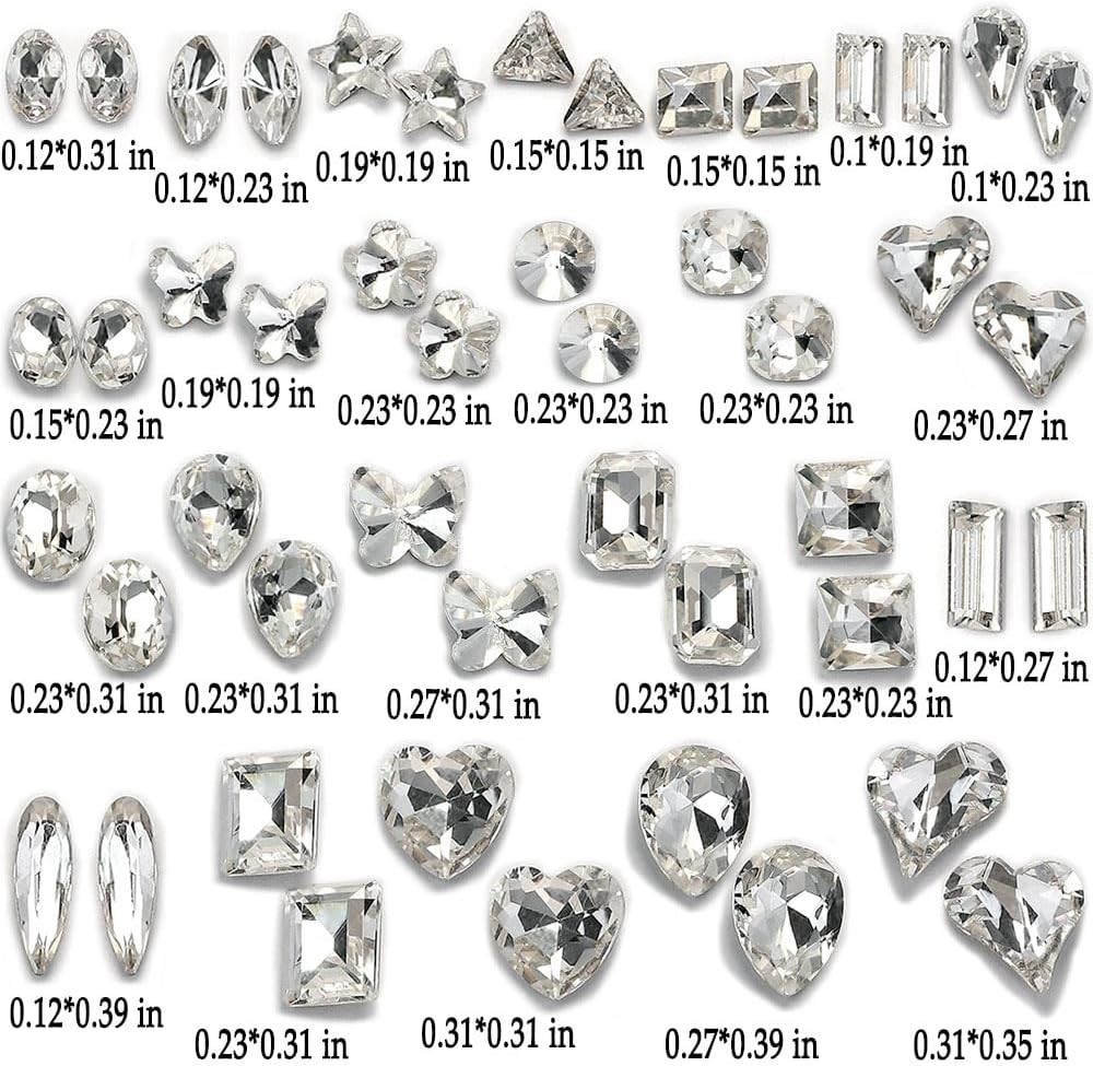 48Pcs Clear White 3D Nail Rhinestones Charms, Heart Butterfly Star Flower