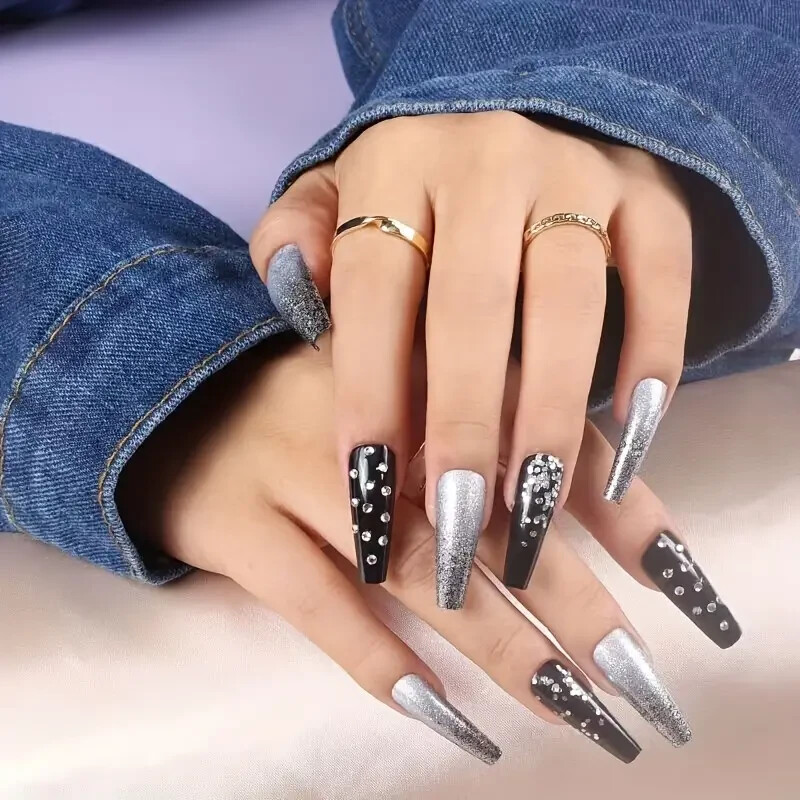 24pcs European And American Style Fake Nails, Black Gradient Press On Nails