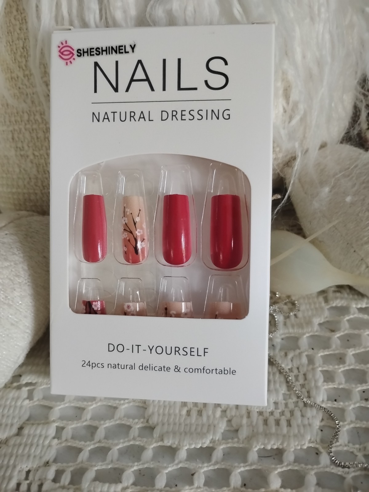 Curvlife Press-On Nails 24 PCS Rose Color With Cherry Blossom Design