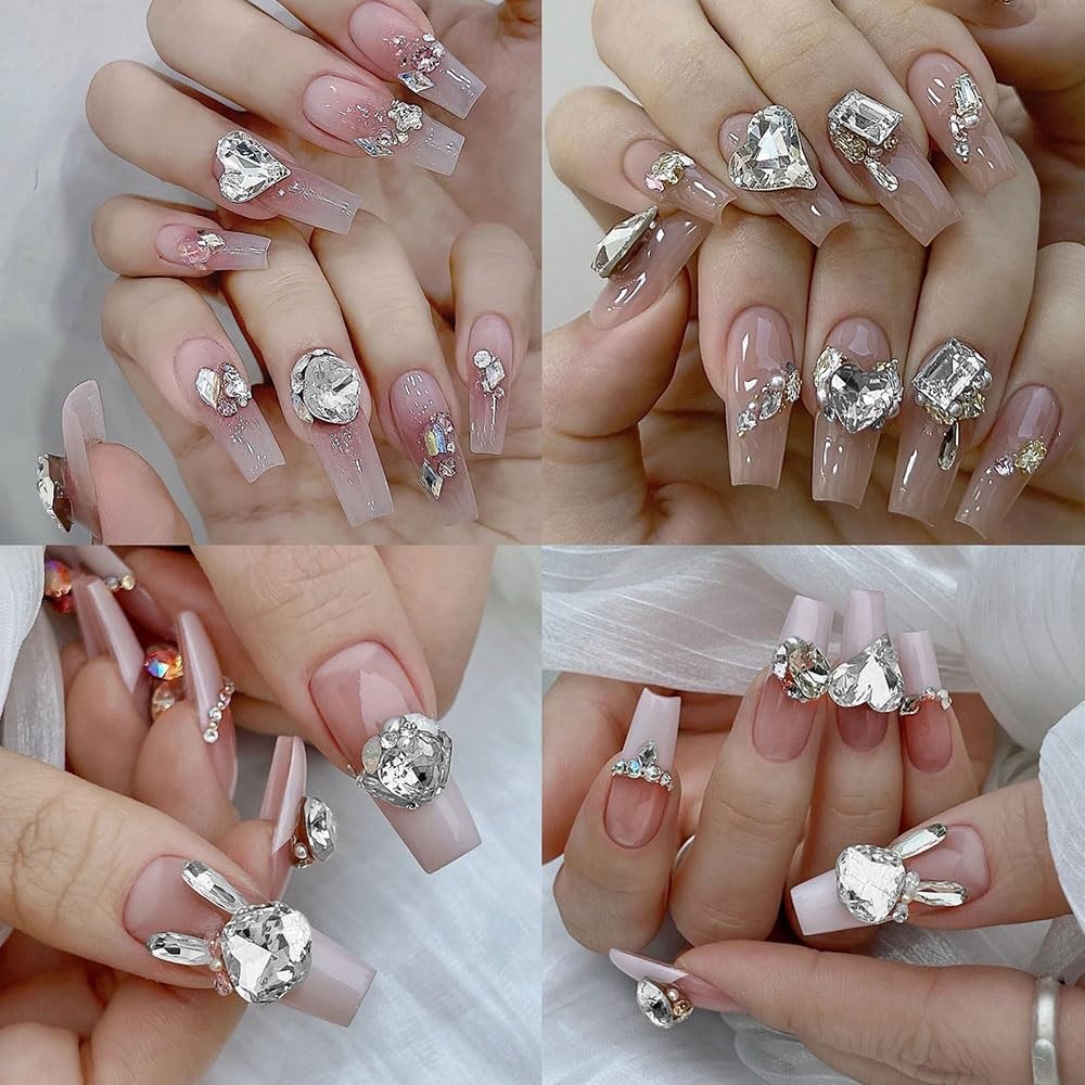 48Pcs Clear White 3D Nail Rhinestones Charms, Heart Butterfly Star Flower