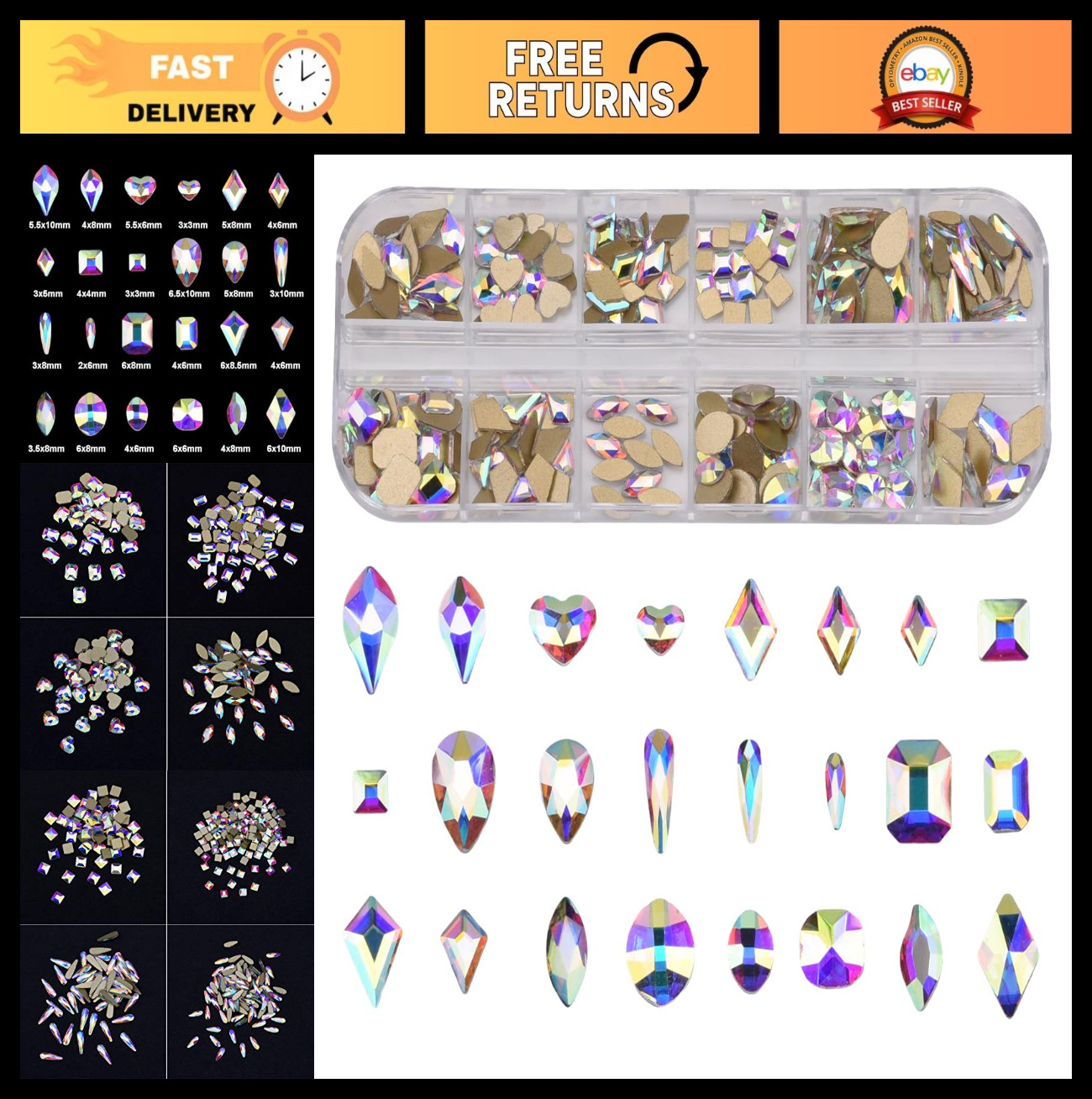 240pcs Flatback Crystals Mix – 12 Styles, Multi Sizes, Glass AB Rhinestones for
