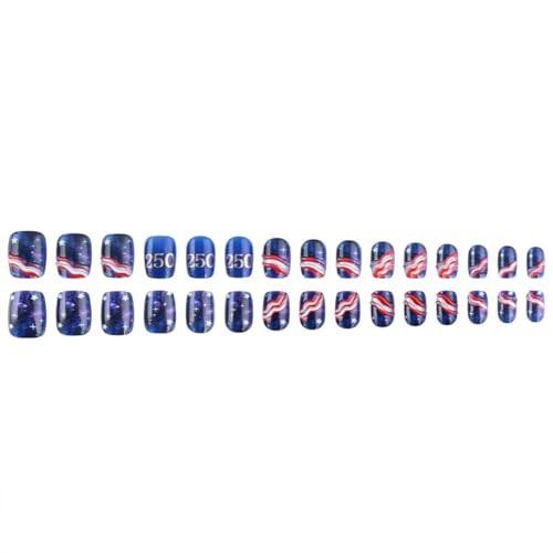 4th of July Press on Nails – Short Square Fake Nails with Starry Sky Nails – 231