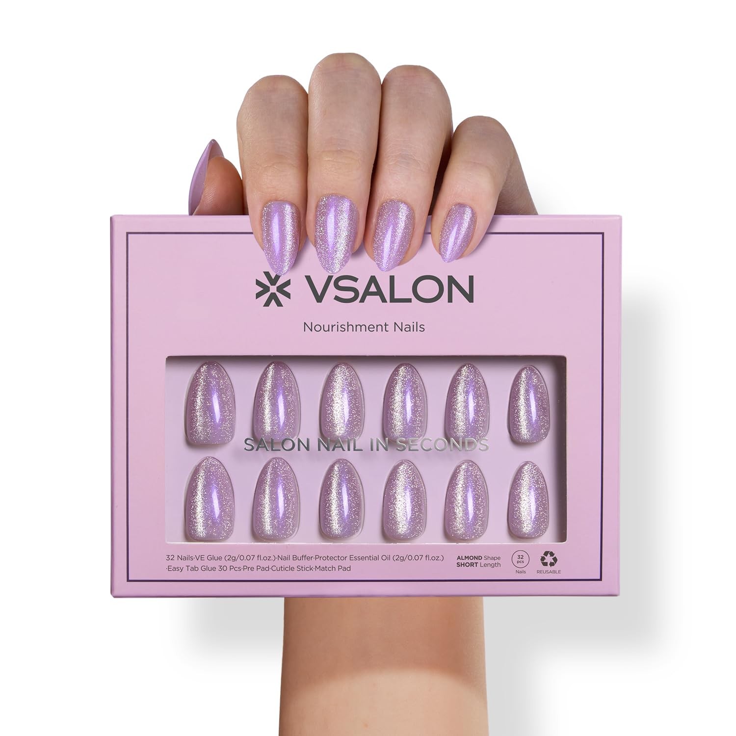Press on Nails Short Almond – Purple Cat Eye Glitter Nails Kit, Reusable Gel …