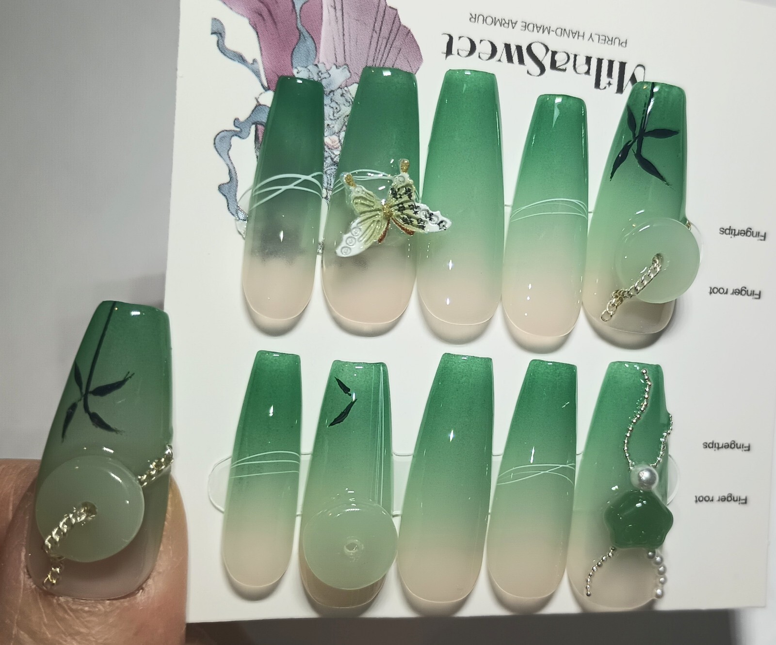 Green Gold Galaxy Cat Eye Press on Nails Handmade Fake Fingernails Gel Polish