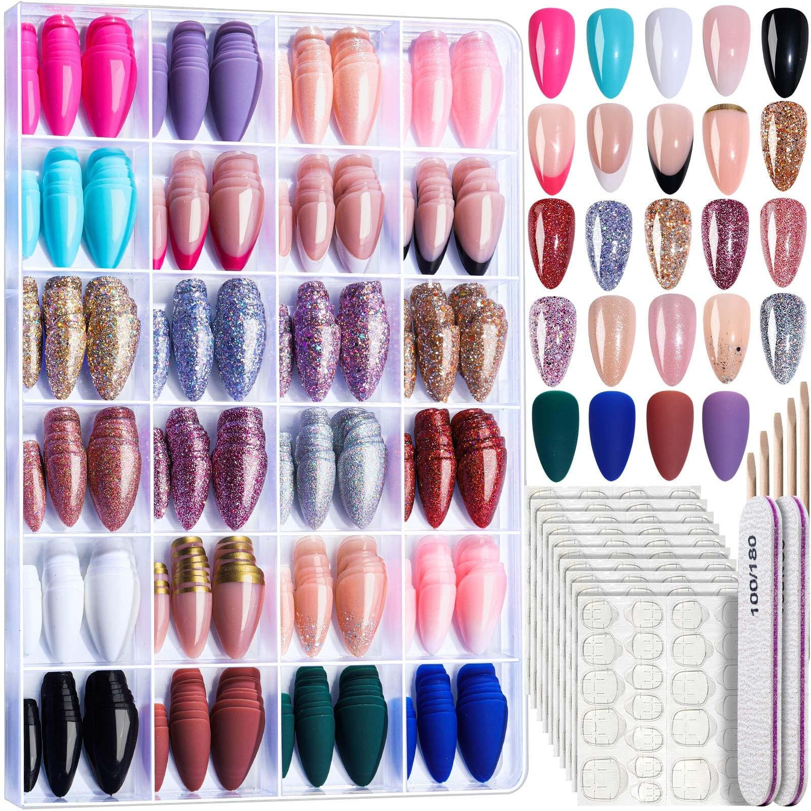 Press on Nails, 24 Colors 576PCS Press on Nails Almond, Matte Glossy Fake Nai…