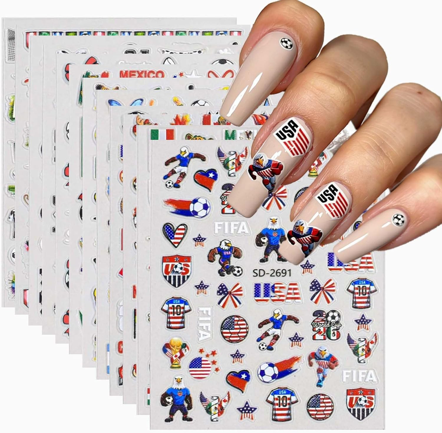 12Sheets Soccer World Cup Nail Stickers Colorful Football Sports Nail Decals Emb