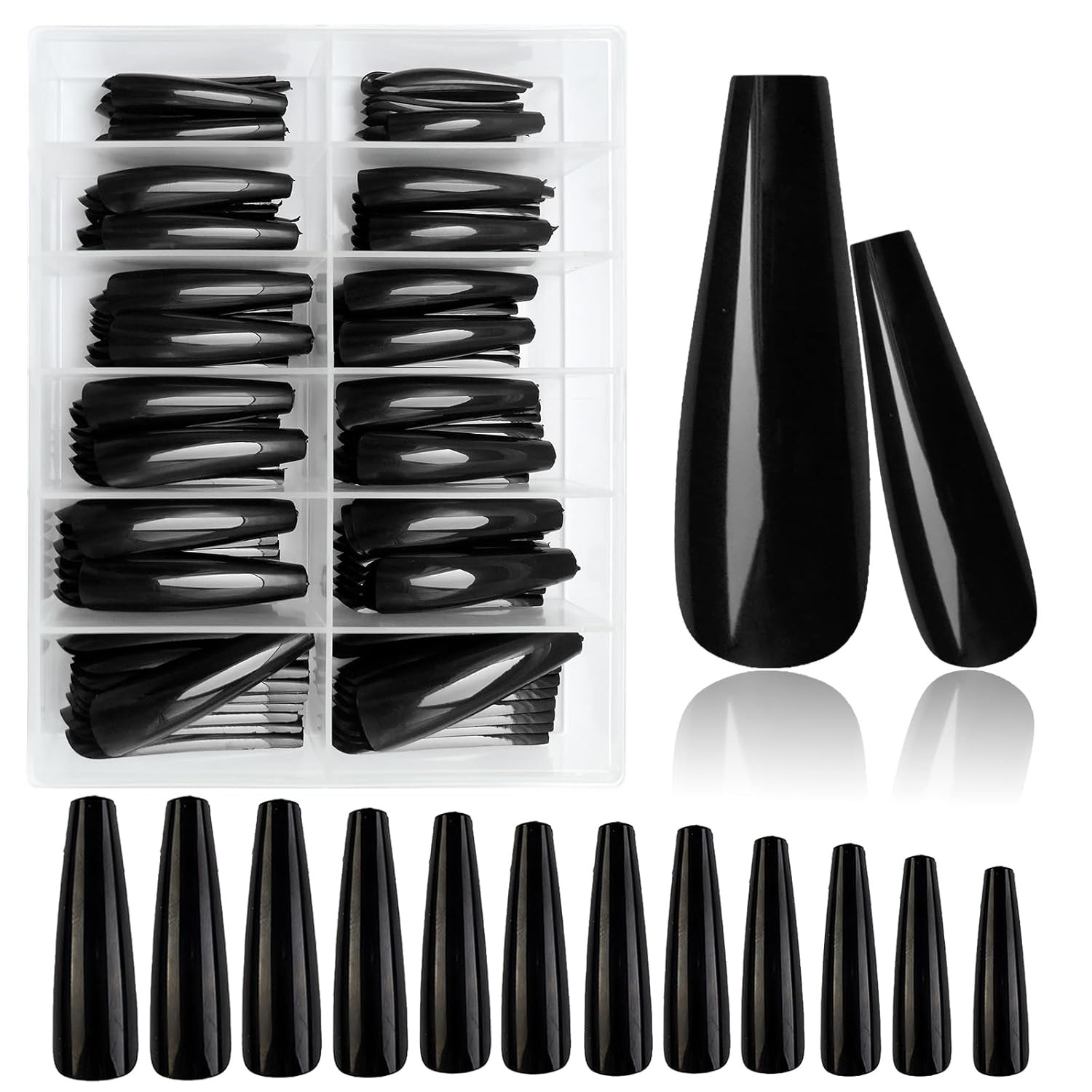 XXXL Extra Long Press on Nails Coffin Glossy Black Fake Nails Full Cover