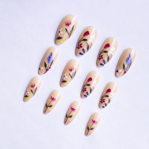 Almond Spring Press on Nails Colorful Flower Fake Nails Glossy Finish style10
