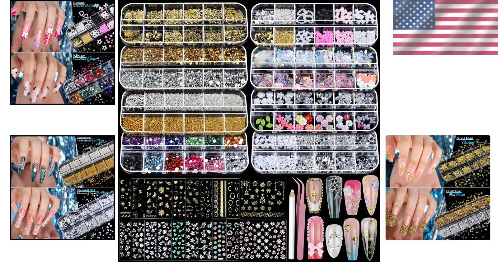 Nail Art Kit 8 Boxes Nails Gems Pearls Charms Stickers Rhinestones Accessories