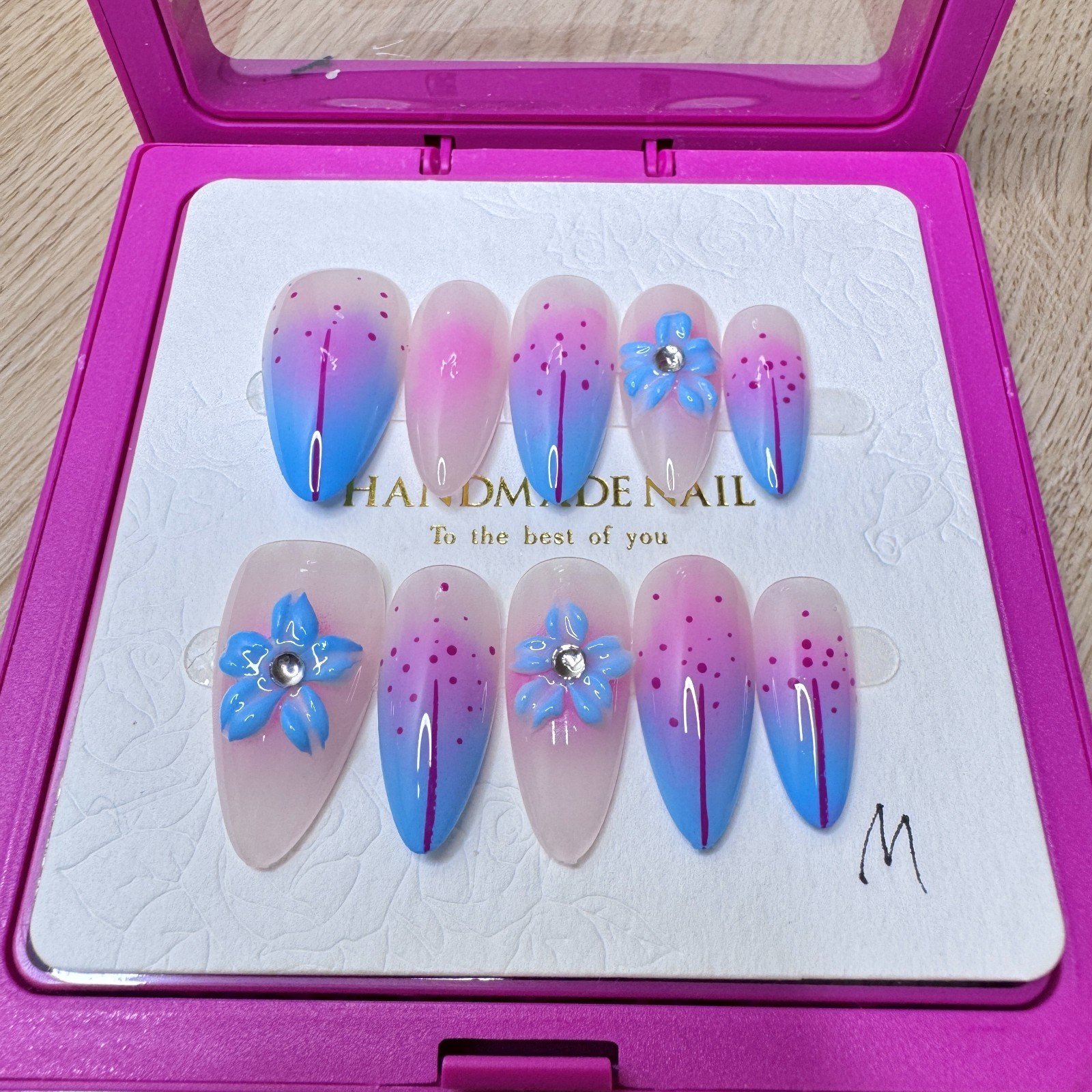 Handmade Hard Gel Press on Nail Art Kit Sz M Glitter Translucent Almond Blue