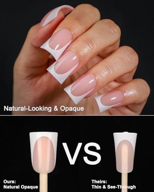 16 Sizes Short Duck Nails Press on, 32pcs Deep White French Tip Gel Nude French