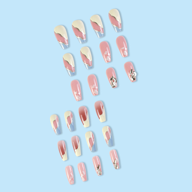 48 Pcs Nude White Blue Press on Nails, Medium Coffin Silver Accent False Nails