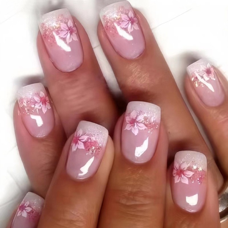24 Pieces Flower Press on Nail Short Glittering on Nail Glossy False Nail