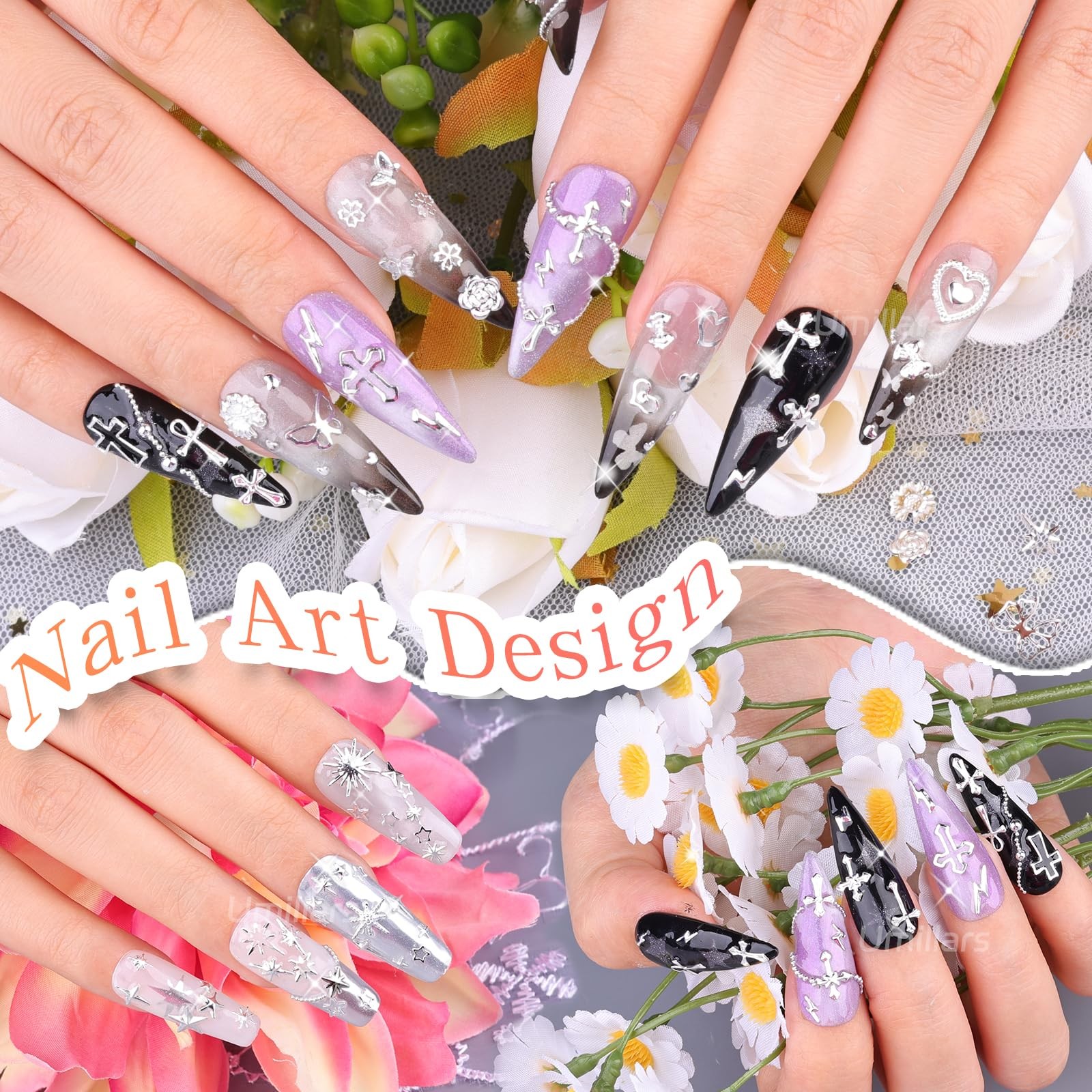6 Boxes Silver Nail Charms with Nail Pearls, 3D Star Cross Nail Art Studs Met…