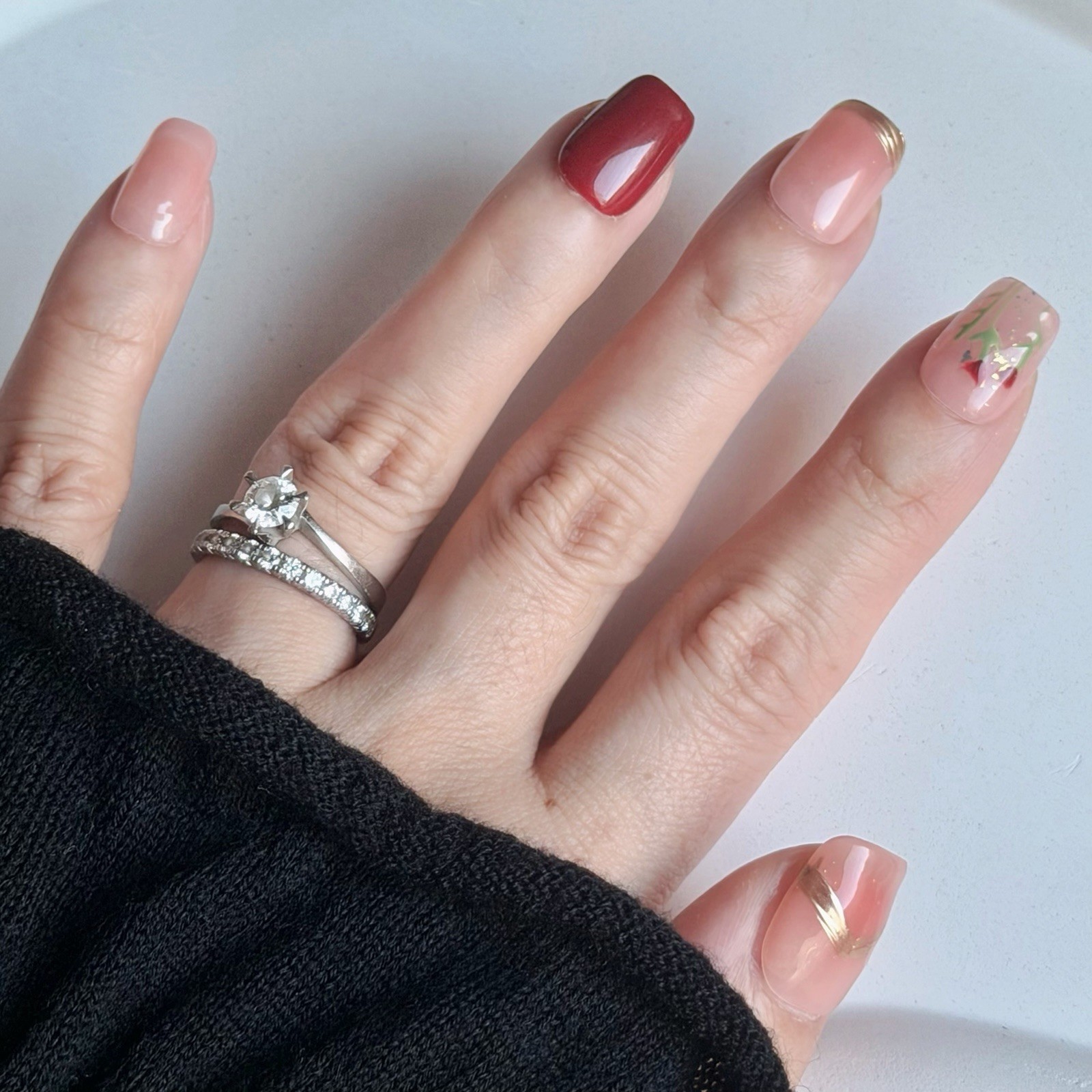 Handmade Pink Red Flower AB Press-On Nails Short Square Size M Reusable 473