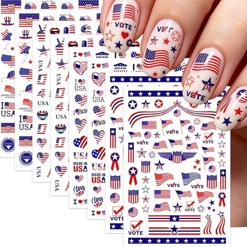 8-Sheets Independence Day Nails Stickers 3D Self Adhesive American Style10