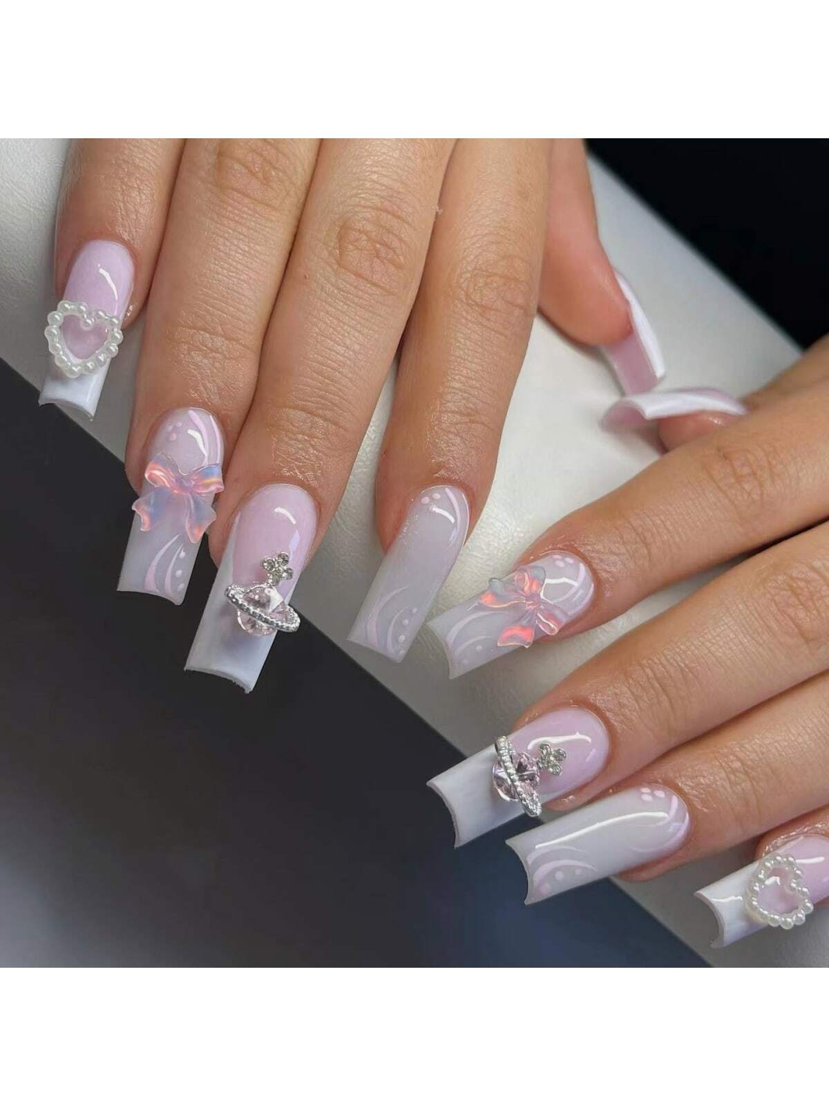24pcs Long Rectangle & Heart Shaped 3d Decorative Nail Art False Nails Press On