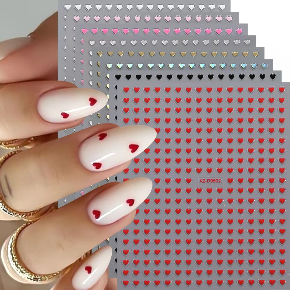 8Pc 3D Mixed Color Heart Nail Stickers Valentines’ Day Sweet Red Pink Love Selfa