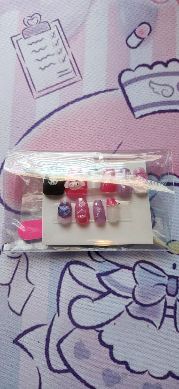 Hand Painted “Kuromi/My Melody” Ex Short Coffin Length Press On Nails (size M/L)