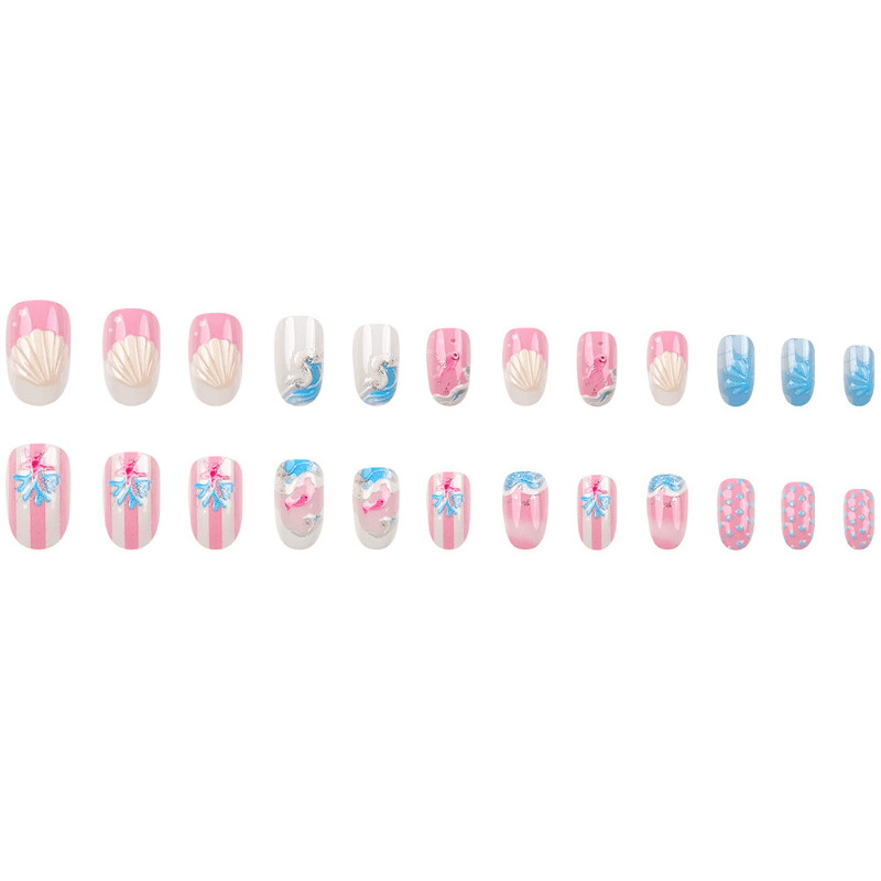 48Pcs-Long Oval Summer Ocean Shell Starfish Fake Press on Nails Art Set