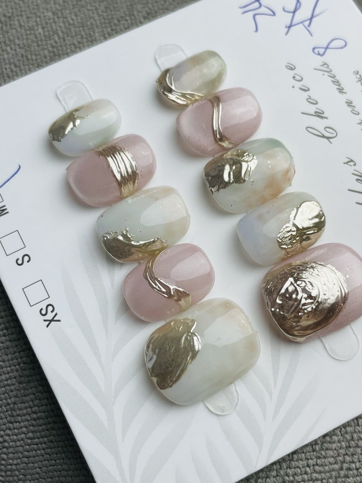 Premium Press On Nails Size MEDIUM, Super Short Length Oval Pink Gold Catseye