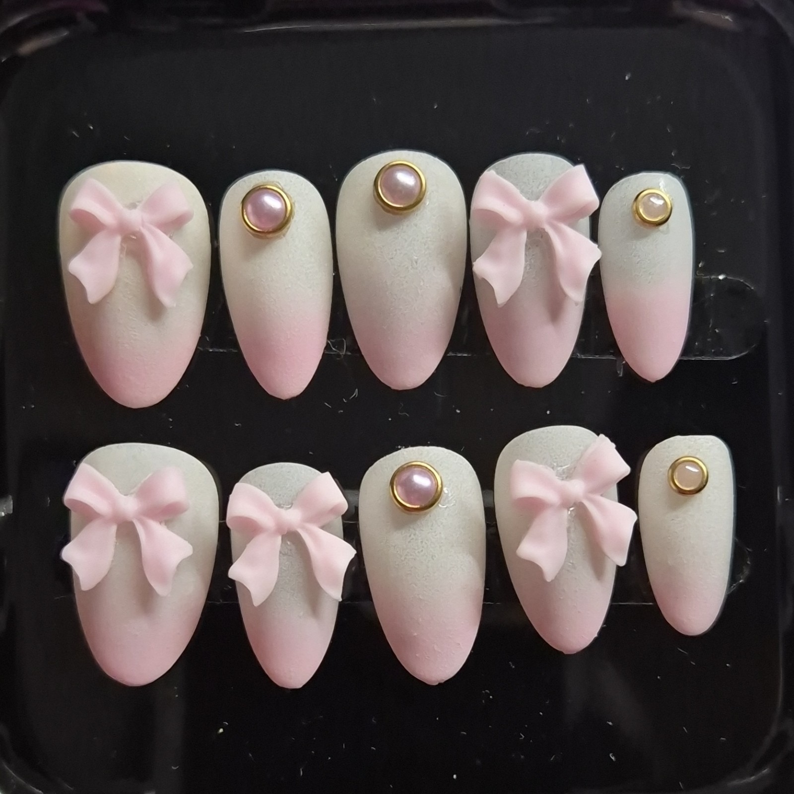 Pink White 3D Bow Oval Press-On Nails Set Pre-Designed Full Cover Medium