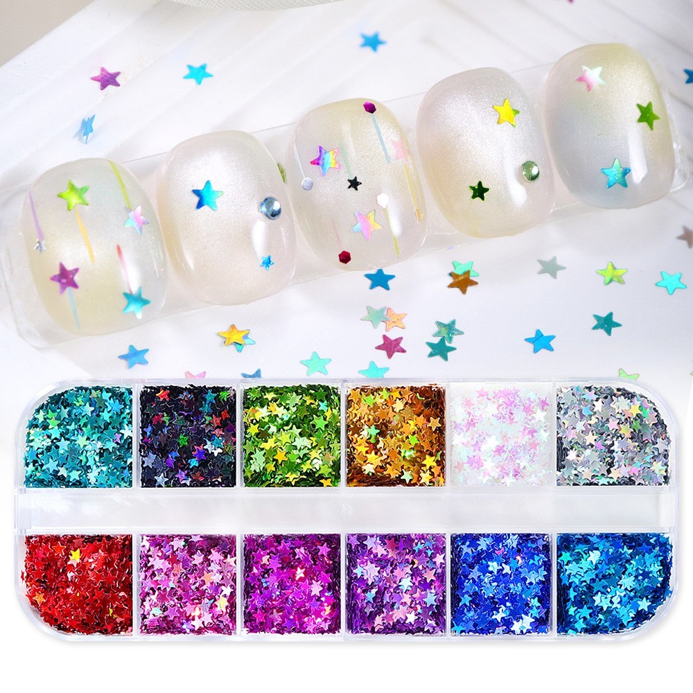 12 Grids Laser Five-Pointed Star Nail Art Glitter Sequins Flakes for DIY Nails