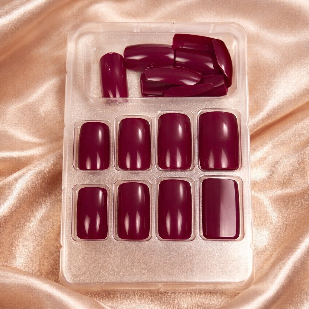 Burgundy Press On Nails Glossy Medium Coffin Reusable Fake Nail Set