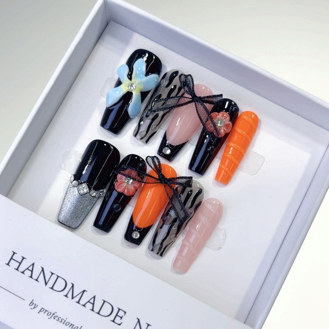10Pcs Bow Rhinestone 3D Carved Long Coffin Press On Nails Dating Nail Tips
