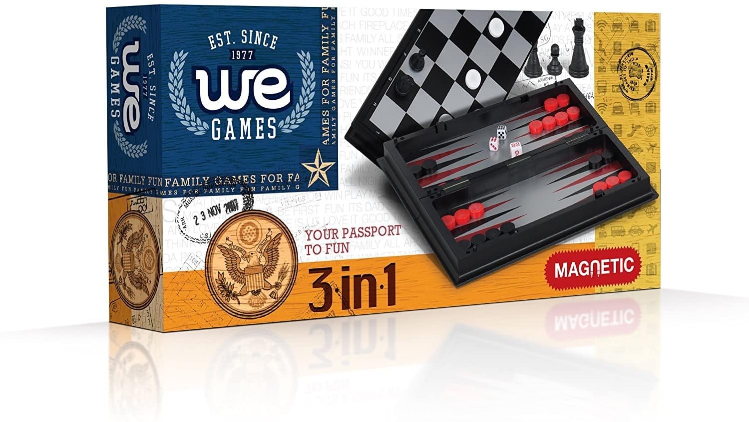 WE Games 3-in-1 Travel Board Set – Magnetic Chess, Medium, Black