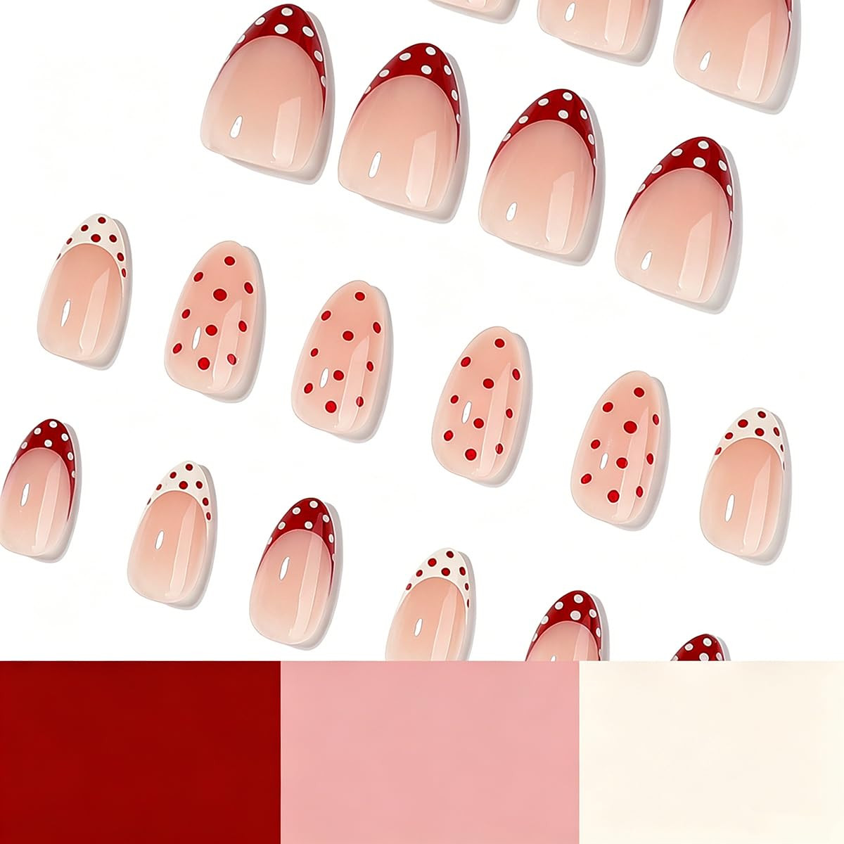 Short Almond Press on Nails Polka Dot Fake Nails French Tip False Nails with Des