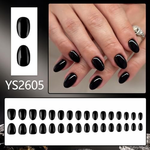 Black Press on Nails Oval Fake Nails – Solid Color – Short Style – 36