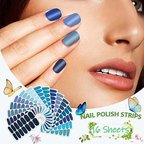 16 Sheets Blue Nail Wraps for Women Glitter Solid Color Elegant Blue Style