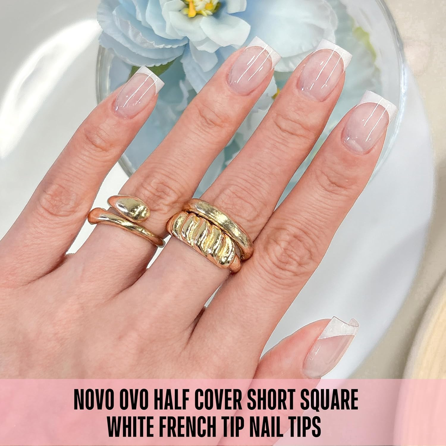 White French Tip Half Cover Short Sharp Square False Nail Tips, Shallow Paste Ma