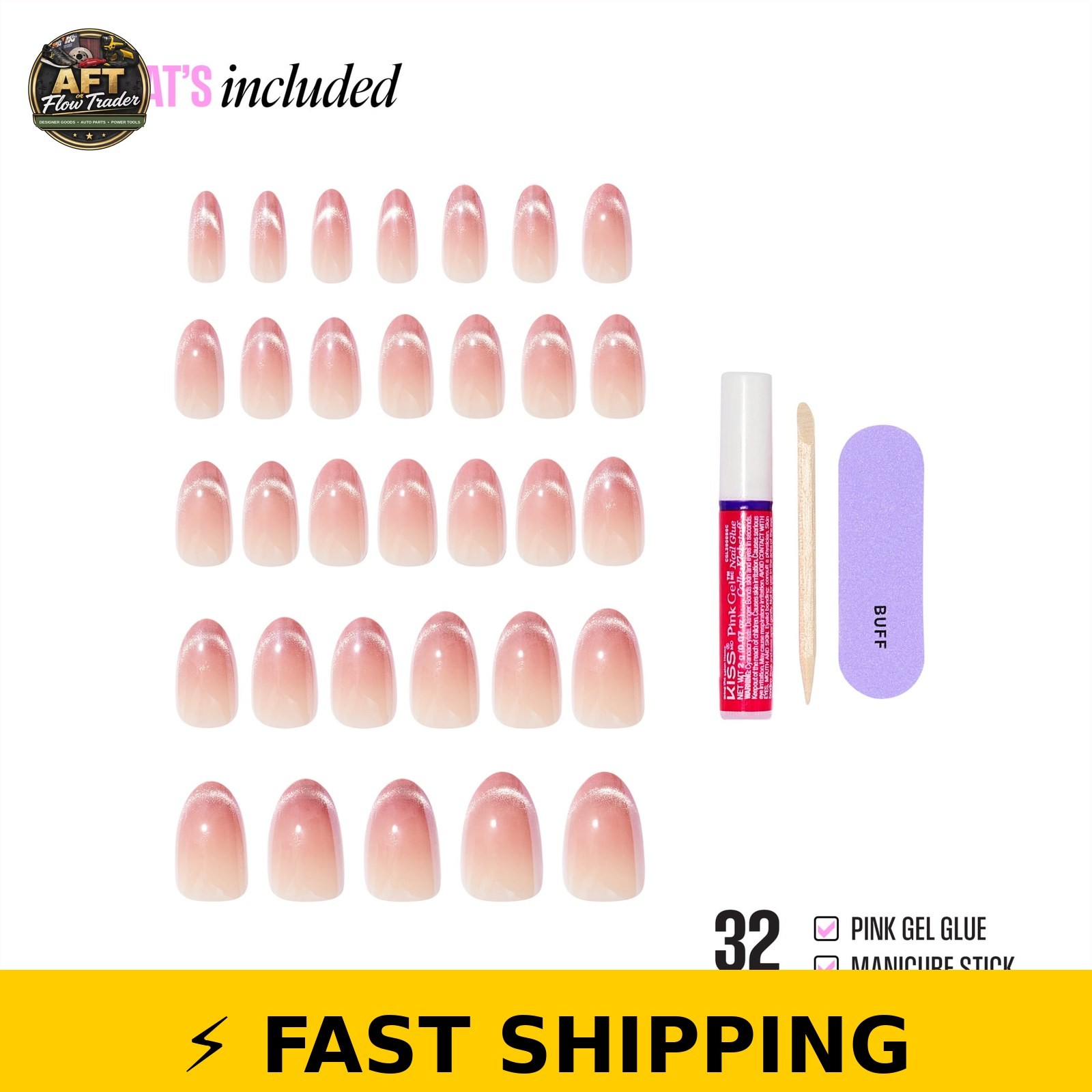 Kiss Glam Press On Nails Almond ‘Stardust Wonder’ Pink Medium 32 Count
