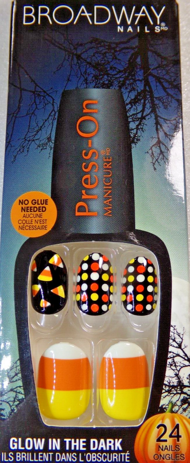 Broadway NAILS PRESS ON Short – Black Halloween Candy Corn Glow in Dark
