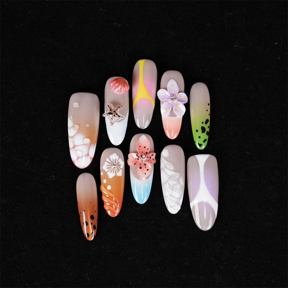 Handmade Summer Ocean Floral Press on Nails Shell Starfish Glossy Fake Nails