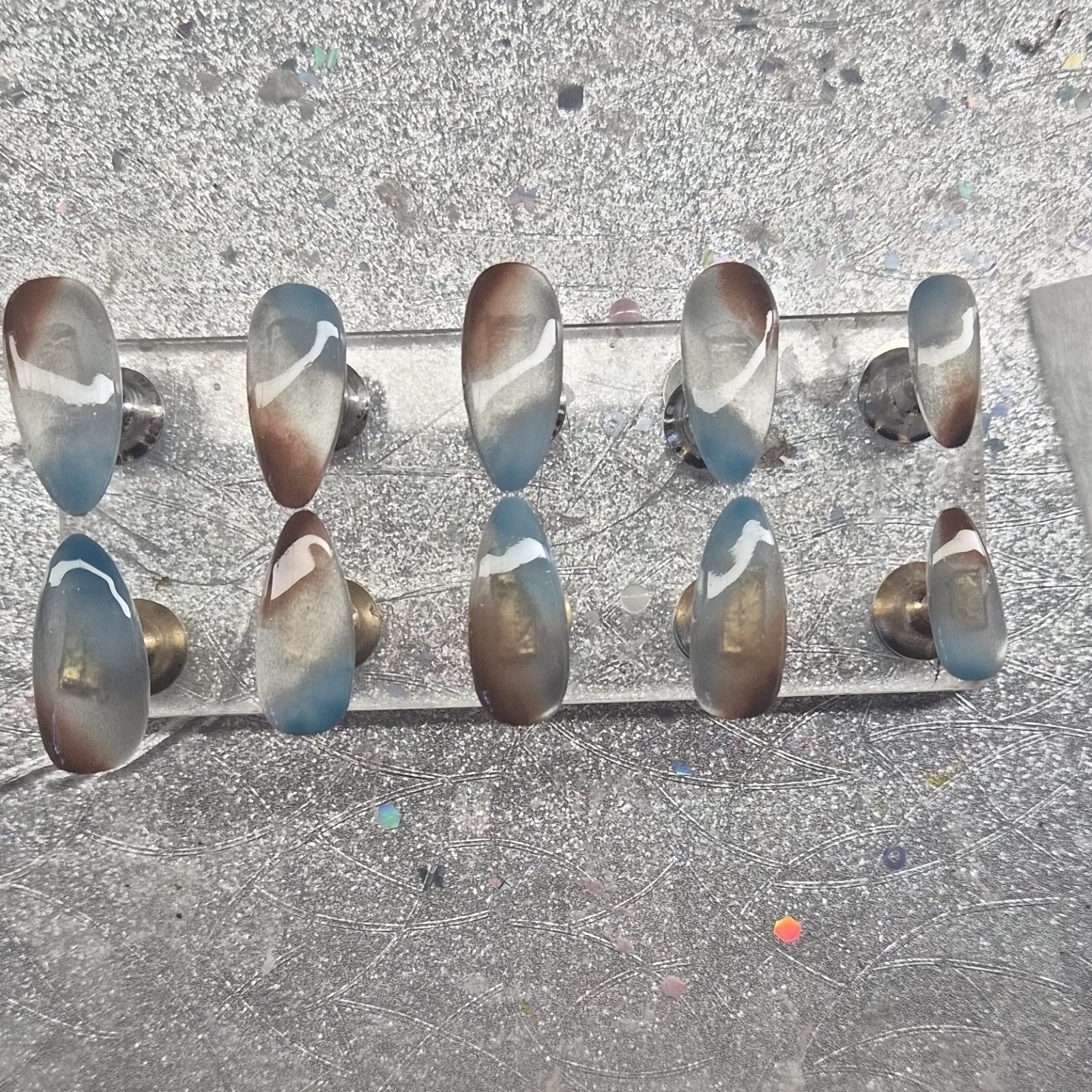 Blue Brown White Abstract Shiny Almond Press-On Nails Pre-Designed Full Cover
